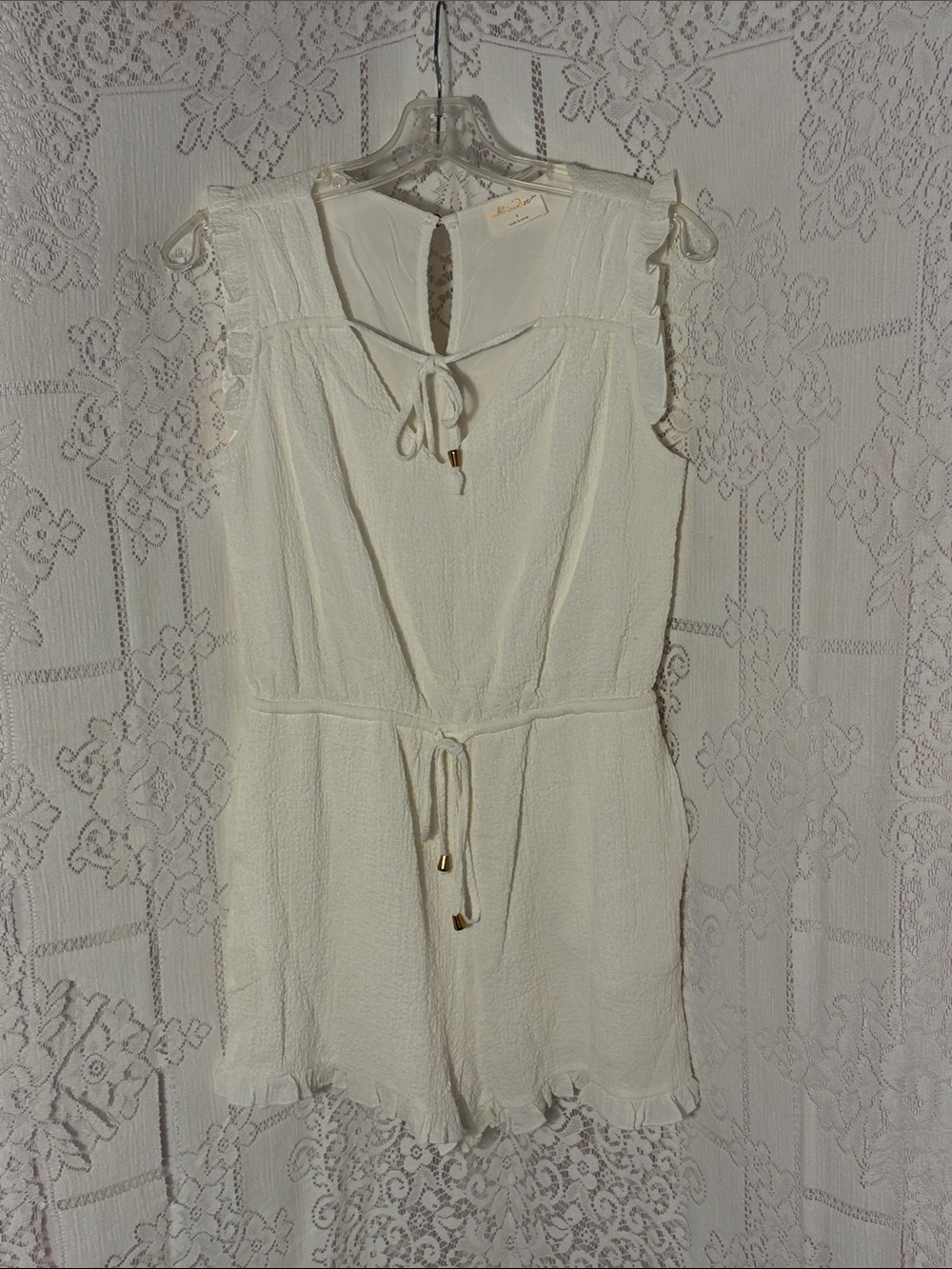Textured Cream Tie-Front Sleeveless Romper